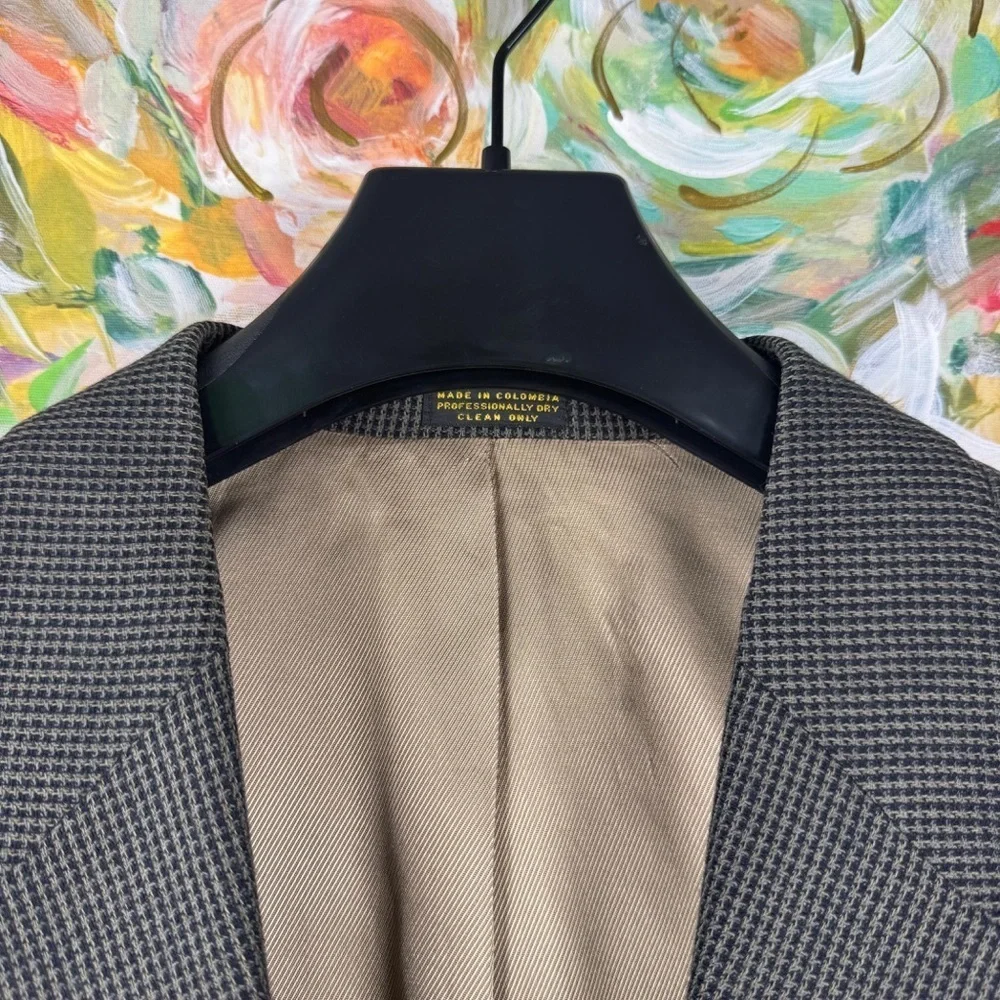 Oscar de la Renta 40L Wool Blazer Sport Coat Gray Houndstooth Classic 3-Button